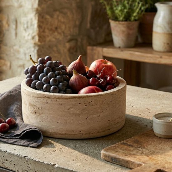 Travertine fruitschaal, 25,4 cm, handgemaakte houder voor