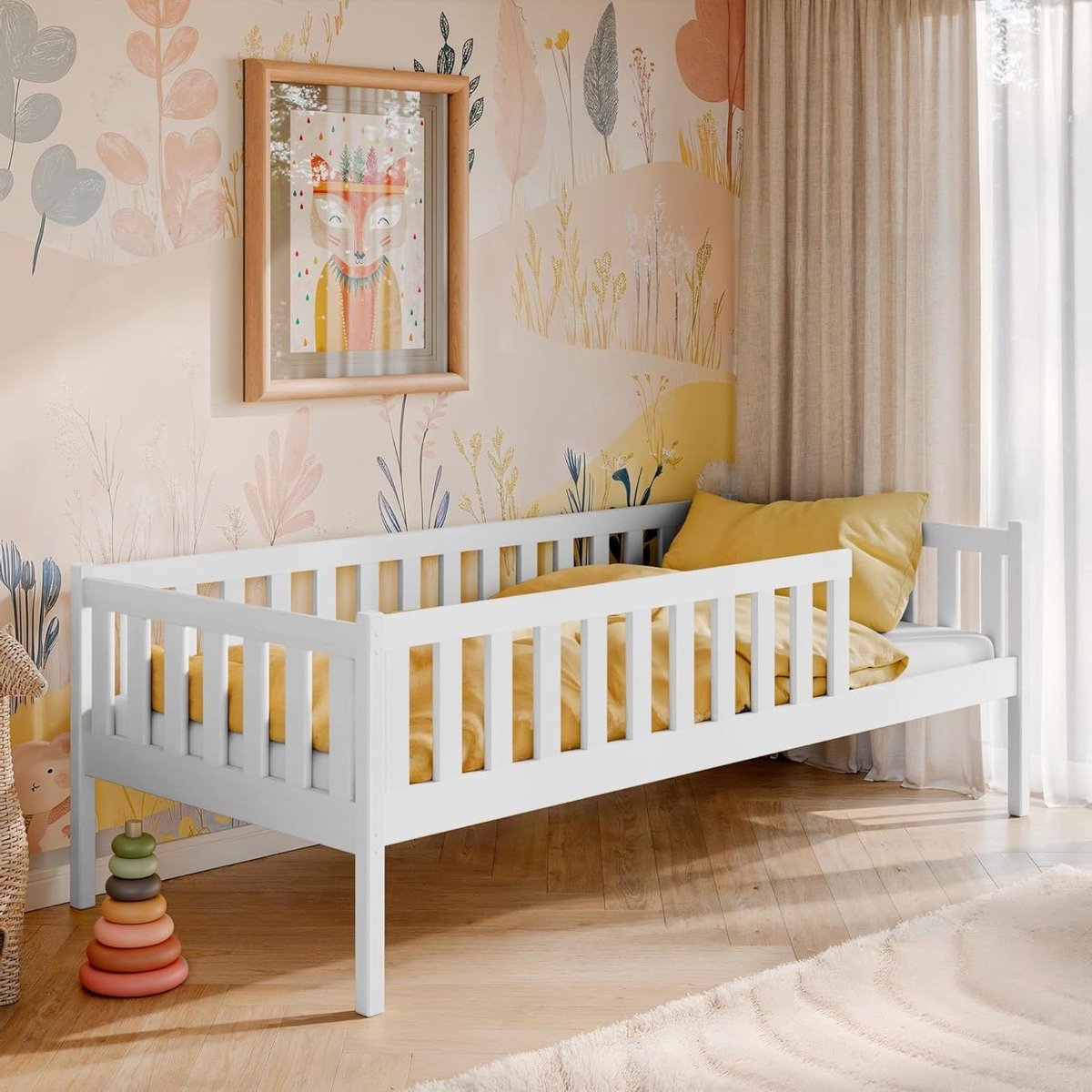 Kinderbed met valbeveiliging - Peuterbed Kinderledikant - Veilig slapen - Massief grenenhout - 80x160 cm - Wit