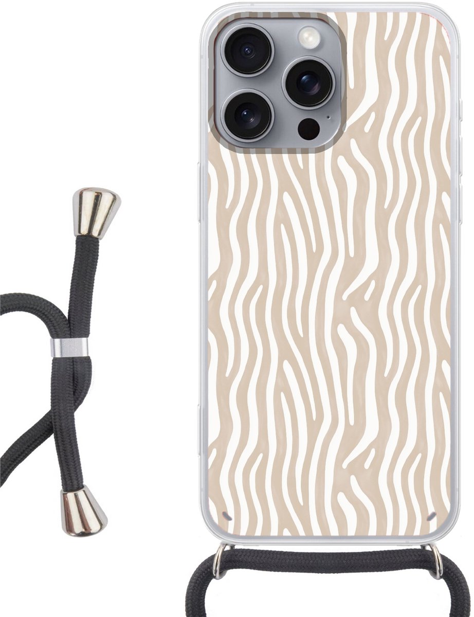 Telefoonhoesje Geschikt voor iPhone 16 Pro Max - Abstract - Zebra - Beige - Siliconen - Crossbody - Backcover met Koord - Telefoonhoesje met koord - Hoesje met touw Telefoonhoesje