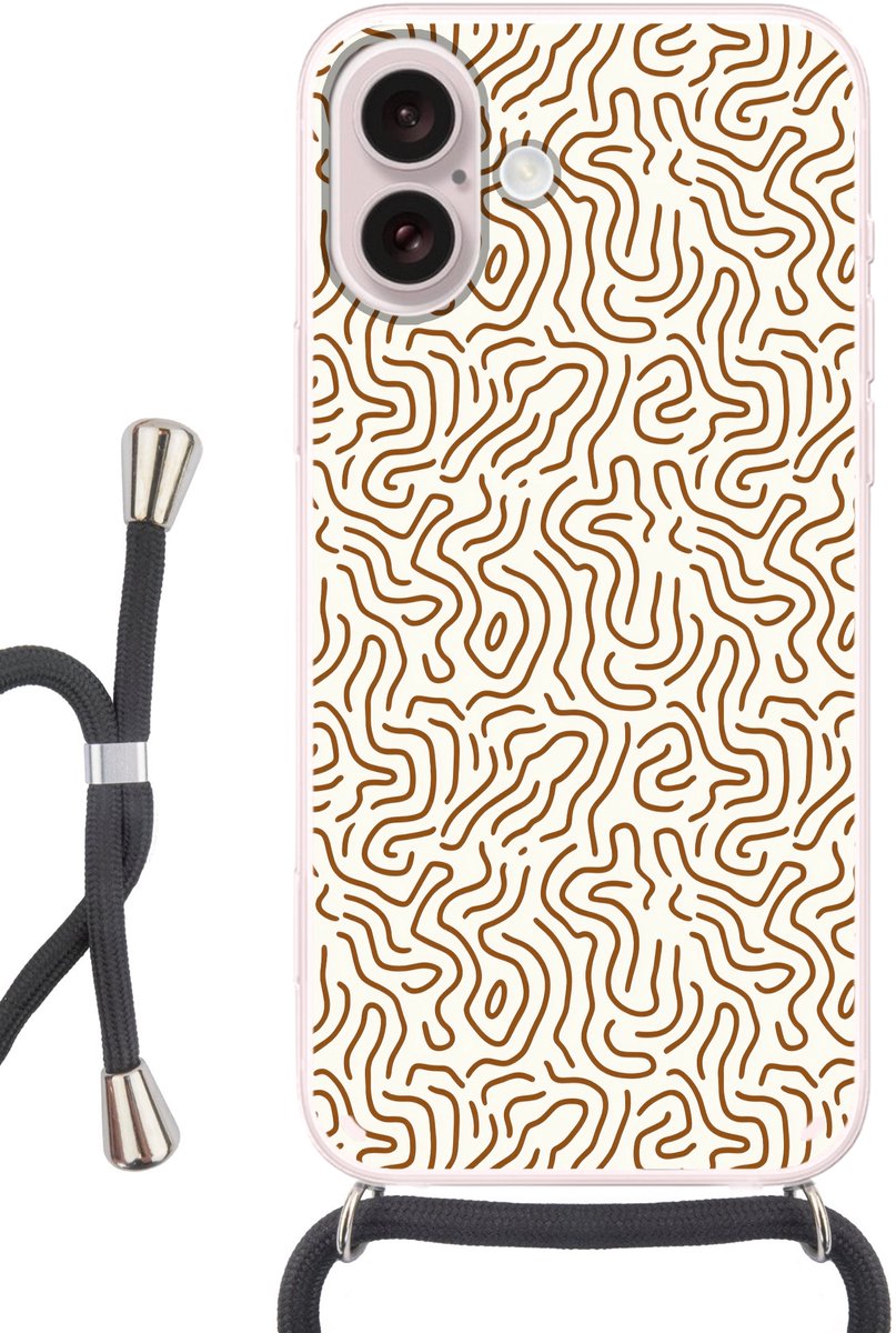 Telefoonhoesje Geschikt voor iPhone 16 - Minimalistisch - Patroon - Terracotta - Siliconen - Crossbody - Backcover met Koord - Telefoonhoesje met koord - Hoesje met touw Telefoonhoesje