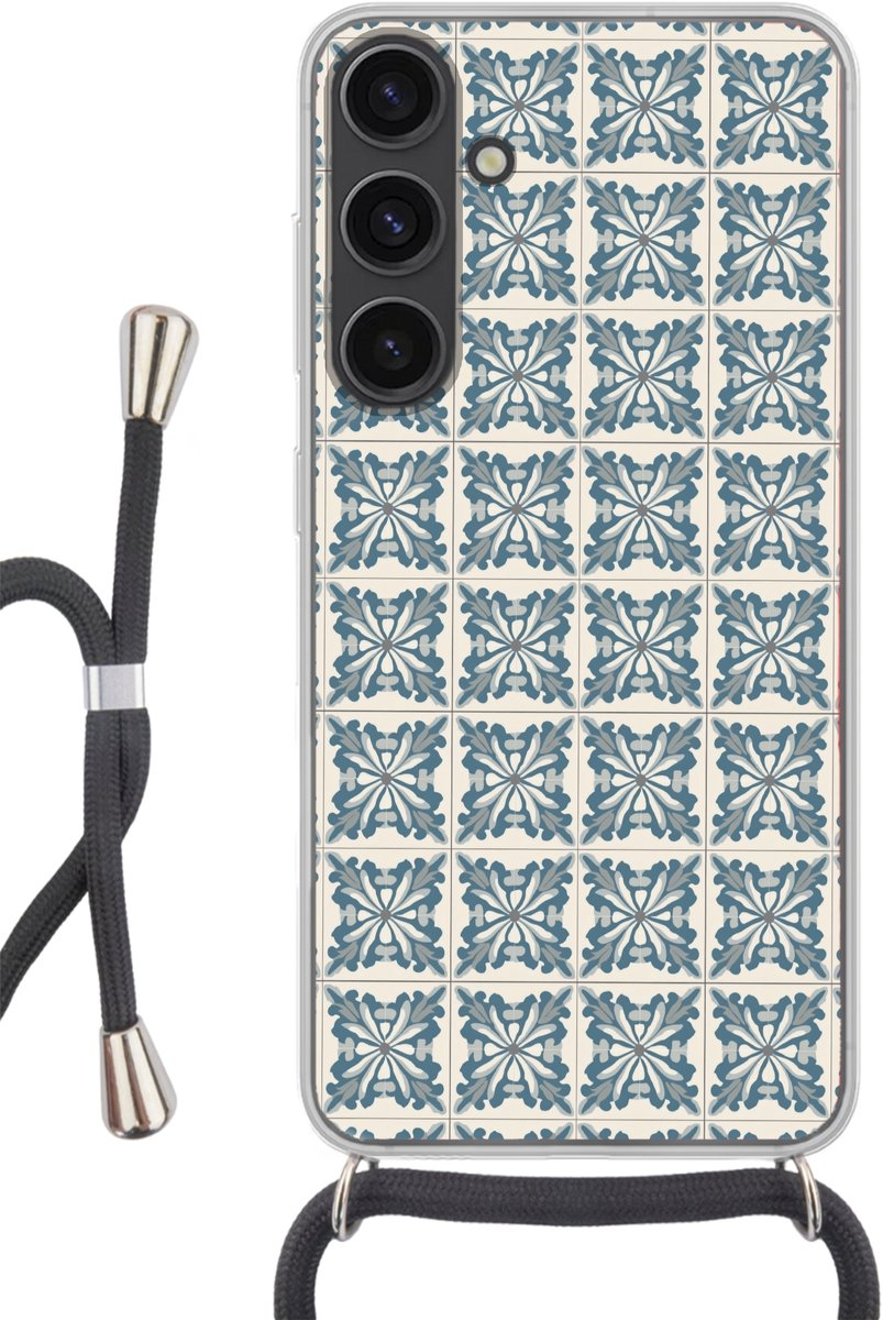 Telefoonhoesje Geschikt voor Samsung Galaxy S24 - Dessin - Tegel - Blauw - Siliconen - Crossbody - Backcover met Koord - Telefoonhoesje met koord - Hoesje met touw Telefoonhoesje