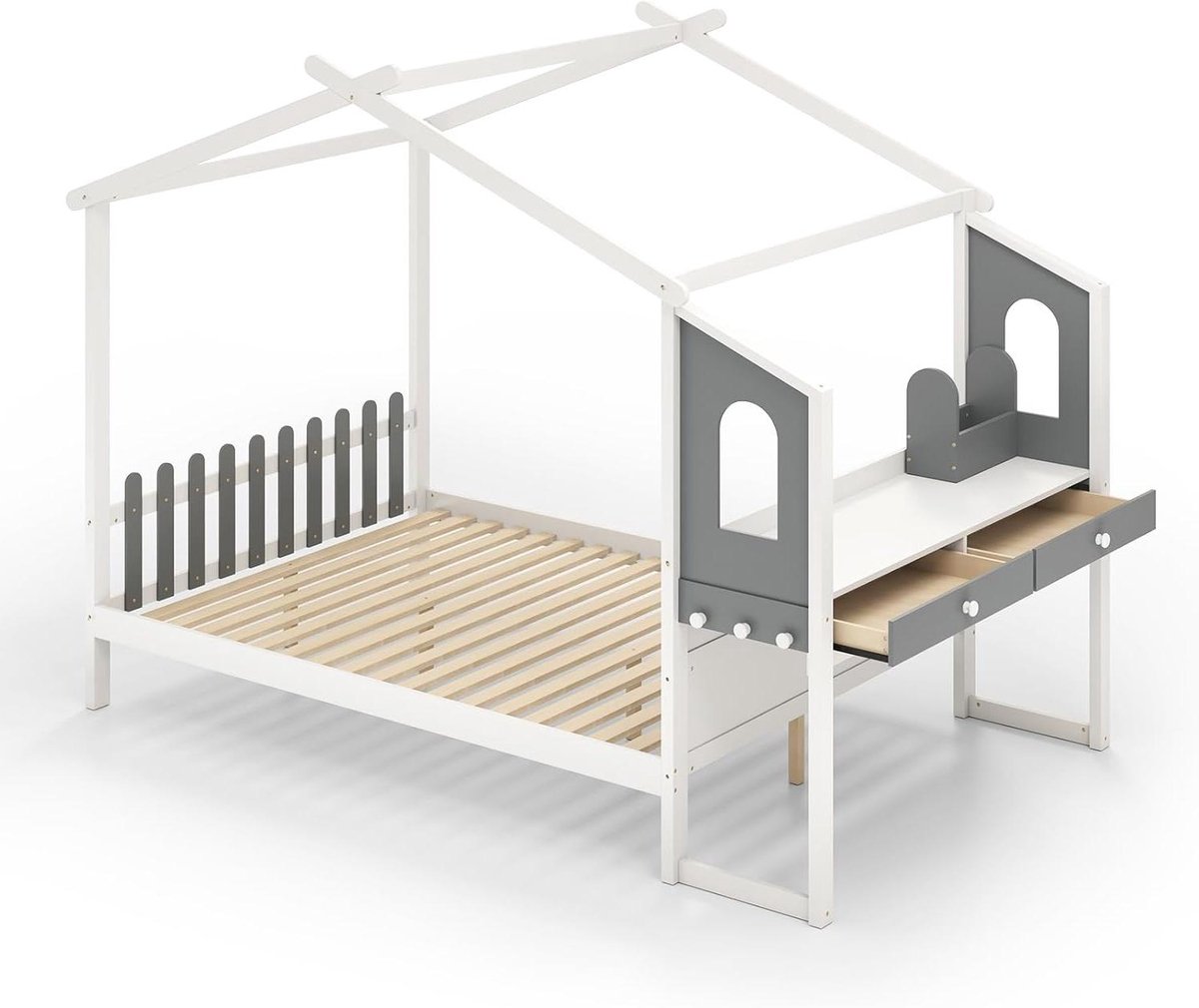 Bedframe met bureau - Houten bed met bureau - Ruimtebesparend werken en slapen - Geïntegreerd bureau en laden