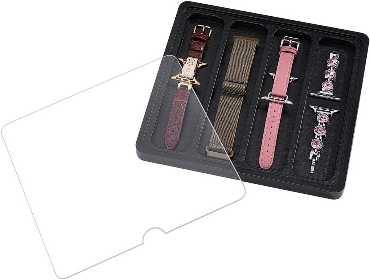 Houten Organizer voor Horlogebanden met 4 Slots - Zwart, Perfect voor Opslag en Decoratie, Ideaal als Verjaardagscadeau - 19.8 x 18.8 x 1.5 cm