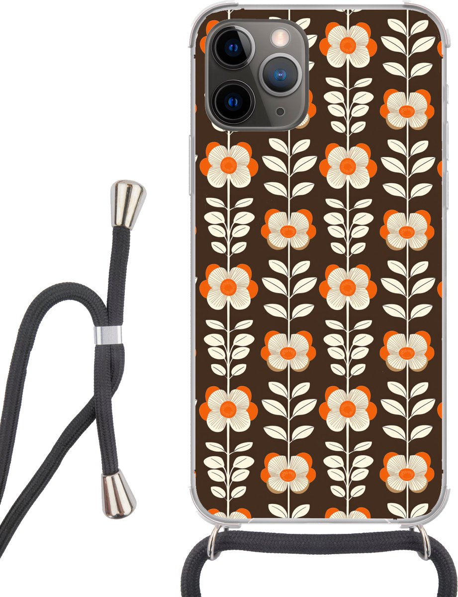 Telefoonhoesje Geschikt voor iPhone 13 Pro Max - Bloemen - Retro - Bruin - Siliconen - Crossbody - Backcover met Koord - Telefoonhoesje met koord - Hoesje met touw Telefoonhoesje