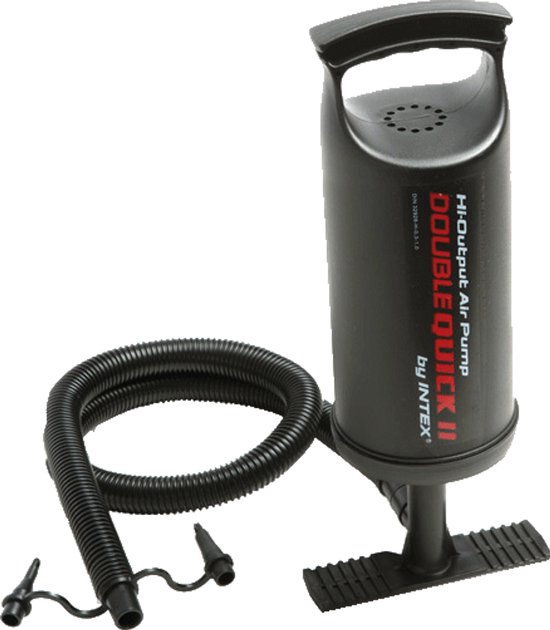 Zwarte Intex 'Double Quick II' luchtpomp met grijze slang.