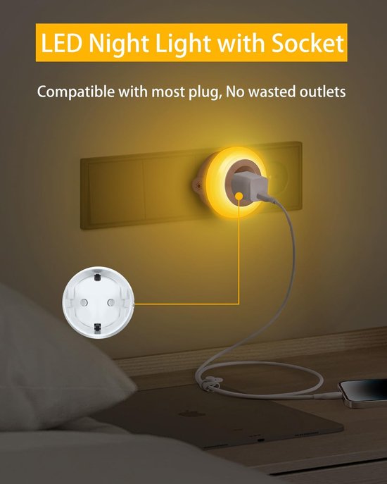 Nachtlampje - LED schemeringssensor dimbaar - 1 stuk compact - warm wit licht kinderbescherming - slaapkamer hal keuken - amber behuizing — afbeelding 5