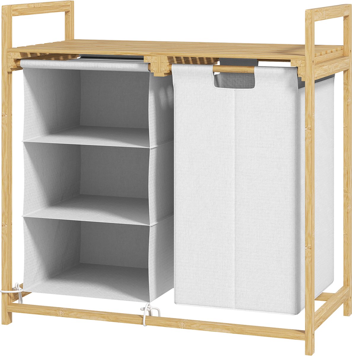 Killogood Wasmand met waszak - stoffen lade - bamboe - 70x36x70cm - wit/hout