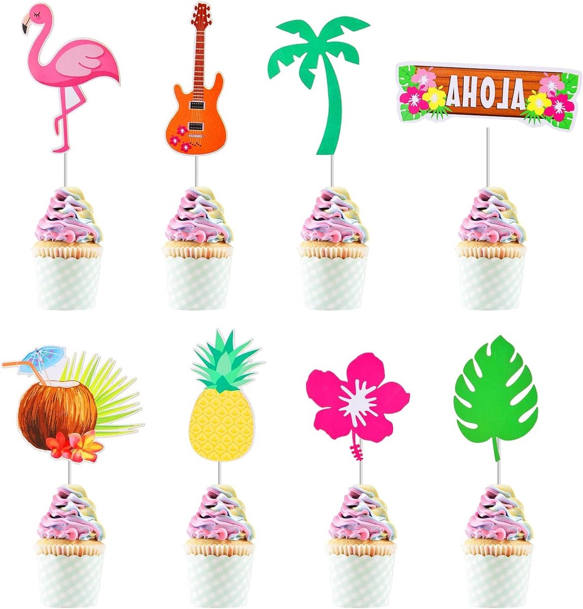 32 Stuks Zomer Cupcake Toppers met Flamingo, Ananas en Palmblad voor Aloha Feest en Zwemparty Decoraties