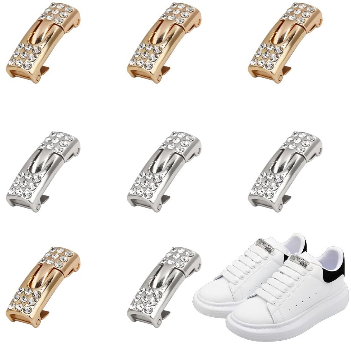 Allecto - Tieless Schoenveters - Bling Strass Locks - Licht Goud & Platina - Geen Tie Platte Schoenveters - Zinklegering met Strass Snap Lock Sluit..