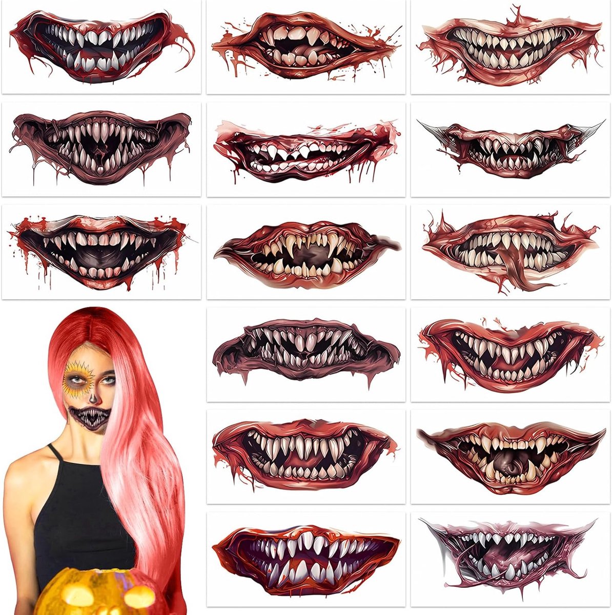 Griezelige Halloween tatoeages met doodskoppen, 15 vellen met mond- en littekenontwerpen voor een spookachtige look en make-up effecten