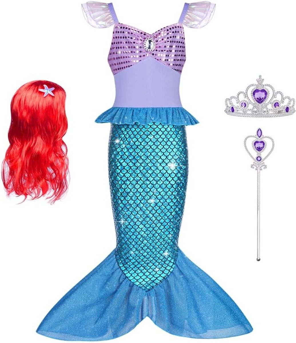 Mermaid Kostuum voor Meisjes met Rood Haar, Tiara en Toverstaf - Fantasie Jurk voor Halloween, Verjaardag en Cosplay