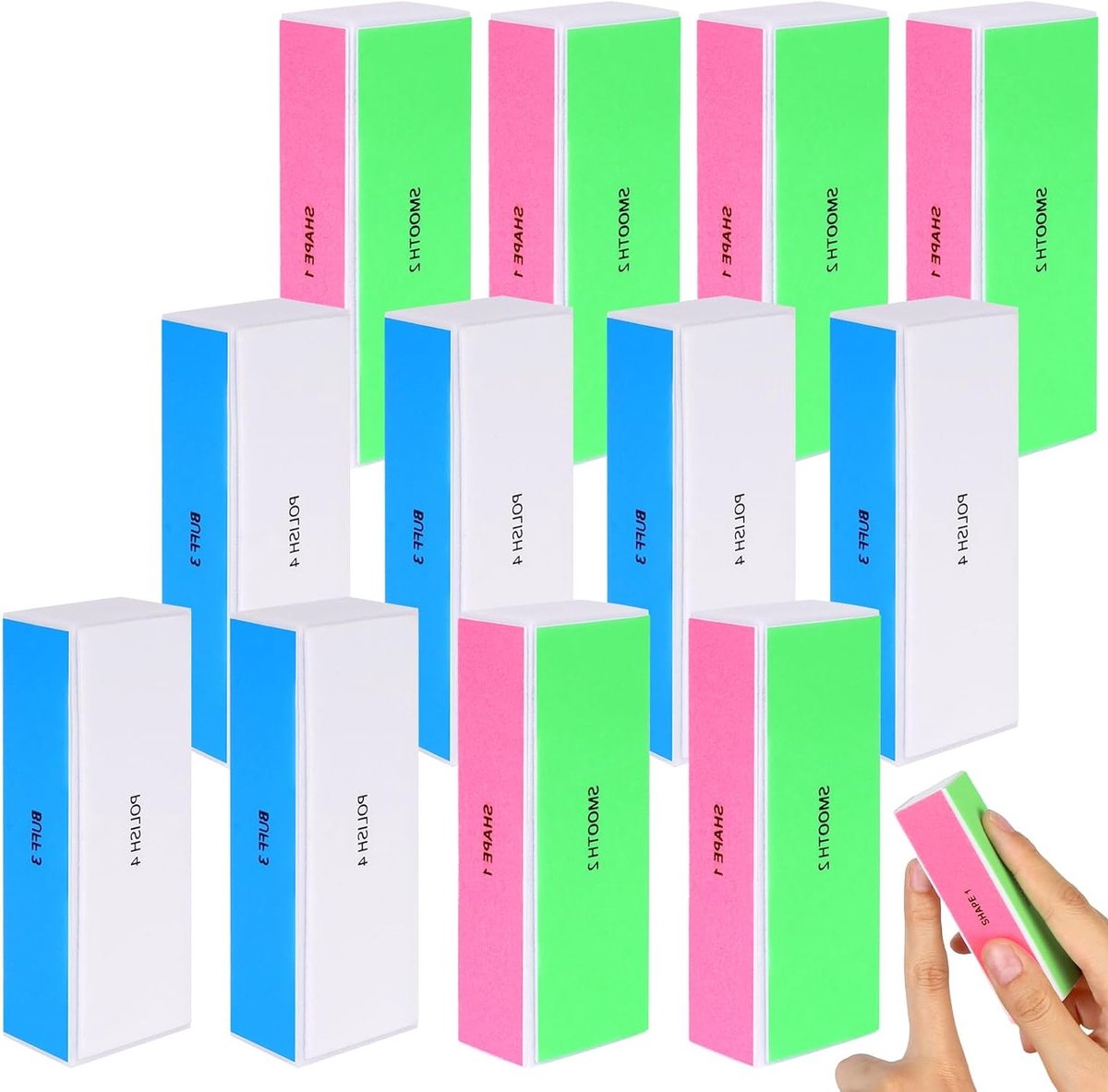 Nail polishing blokken set van 12, 4-staps vijlen voor natuurlijke en gel nagels, slijpen en gladmaken van vingernagels