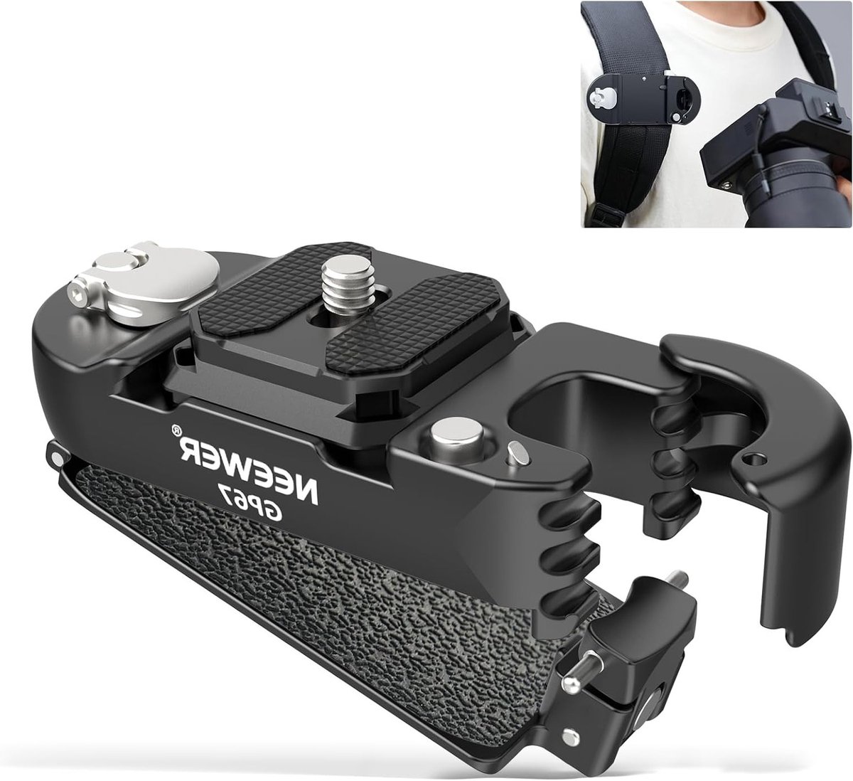 Camera Rugzak Clip Mount met Vierkante QR Plaat, Verbeterde Veiligheidsvergrendeling, Snelle Bevrijding voor DSLR Camera's en Accessoires zoals Canon, Nikon en Sony