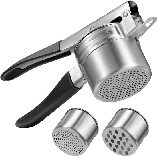 RVS aardappelpers met 2 verwisselbare bekers voor zachte puree, groentepuree, fruitsappen en recepten, vaatwasserbestendig en duurzaam