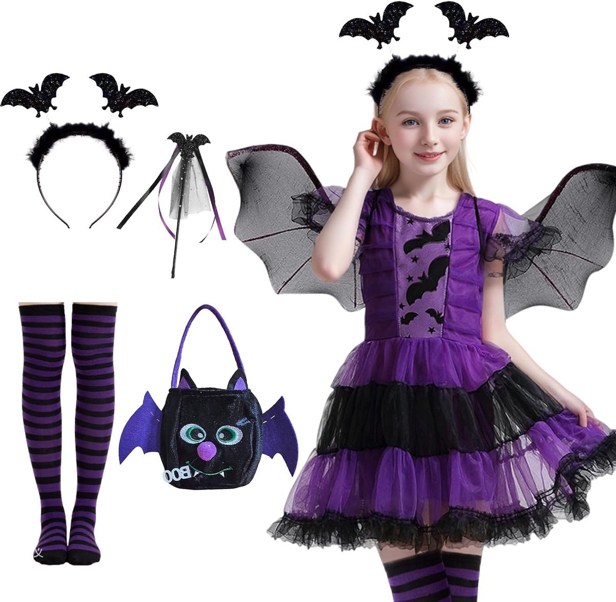 Halloween Kostuum voor Kinderen met Paarse Tutu Jurk, Vleugels, Hoofdband en Toverstaf voor Carnaval en Cosplay Feestjes