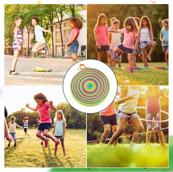 Set van 2 kleurrijke platte elastische springtouwen van 6m, duurzaam en ideaal voor buitenspellen, perfect voor kinderen en nostalgische speeltuinplezier van Merkloos — afbeelding 3