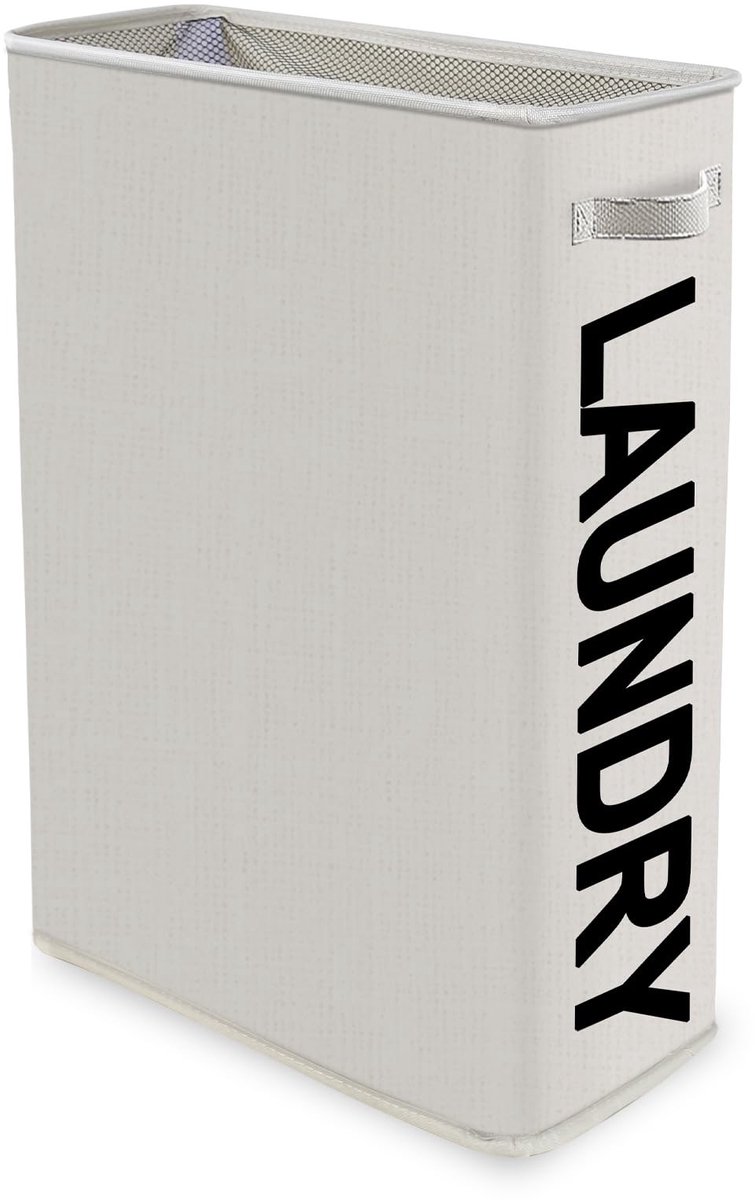 aladdien - Wasmand - Opvouwbare wasmand 42 liter - Handgrepen en wasbare binnenzak - Off-white - Dun en smal - Perfect voor wasruimte - 53 cm x 40 c..