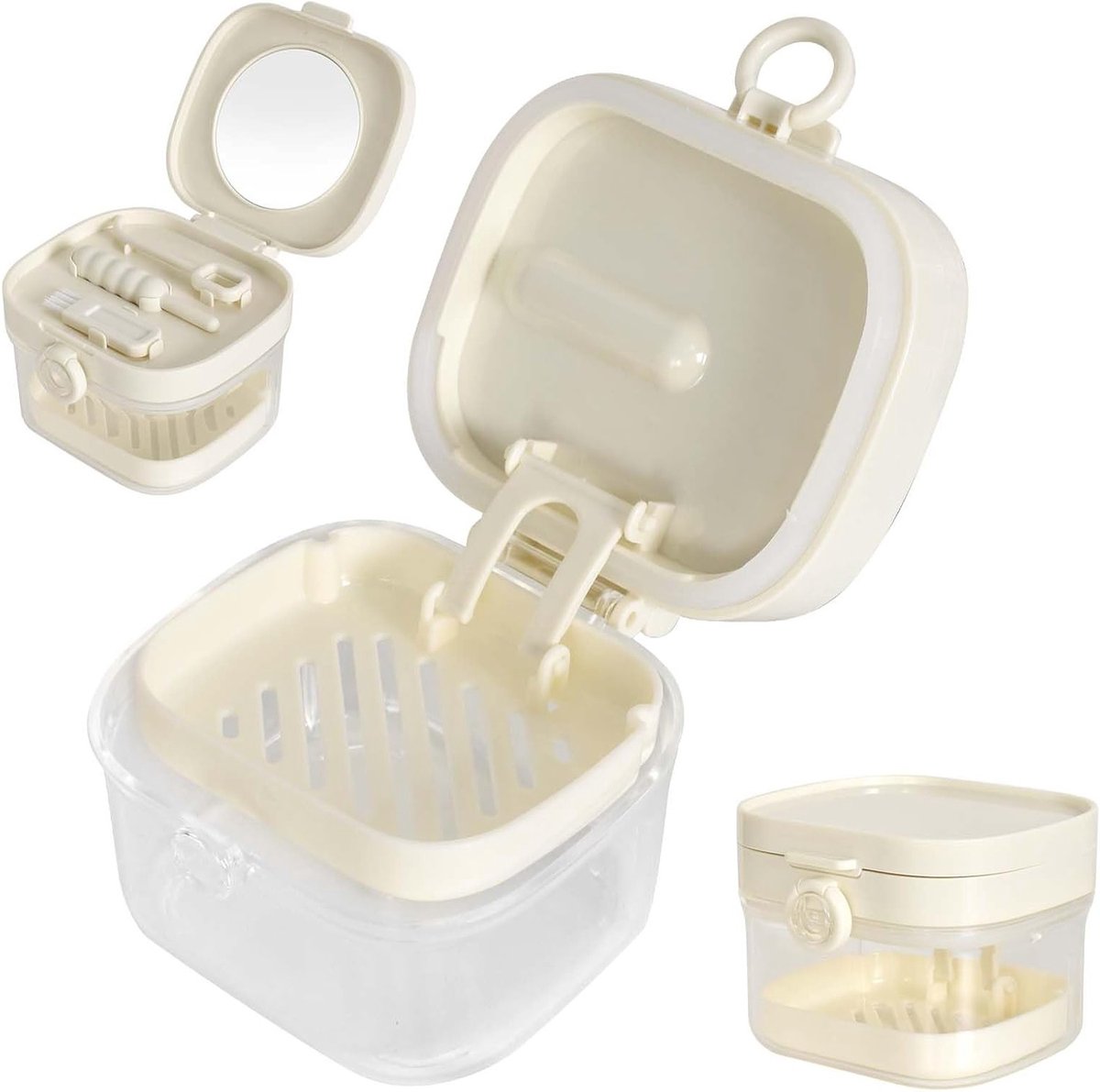 Draagbare tandheelkundige opbergdoos met zeef, spiegel en aligner verwijdertool voor protheses en accessoires (Beige)