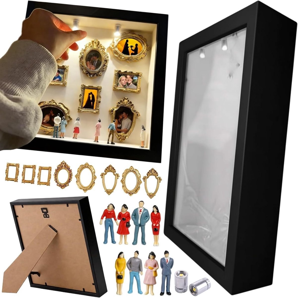 Mini Gouden Silhouet Doos, Upgrade Shadow Box Set met Miniatuur Museum, Vier Unieke Herinneringen voor Verjaardag, Huwelijk en Thuisdecoratie