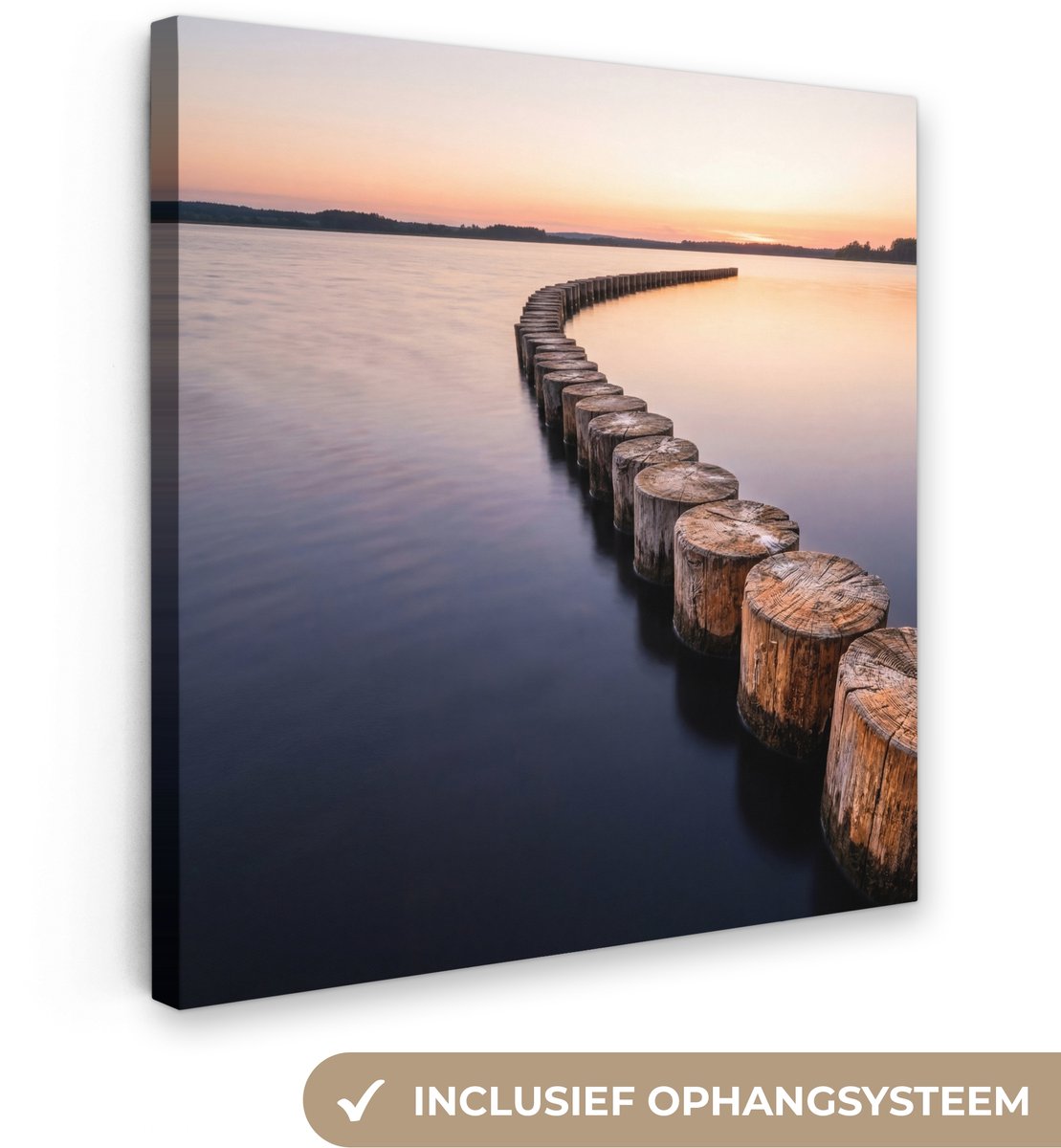 Canvas schilderij 20x20 cm - Exclusieve wanddecoratie Hout - Palen - Water - Muurdecoratie
