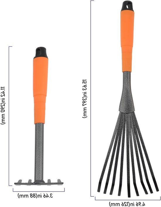 Set van 2 Mini Tuinharken, 25 cm en 36 cm, Roestvrij Staal, Ergonomische Grip voor Tuinonderhoud en Grasmaaien — afbeelding 5