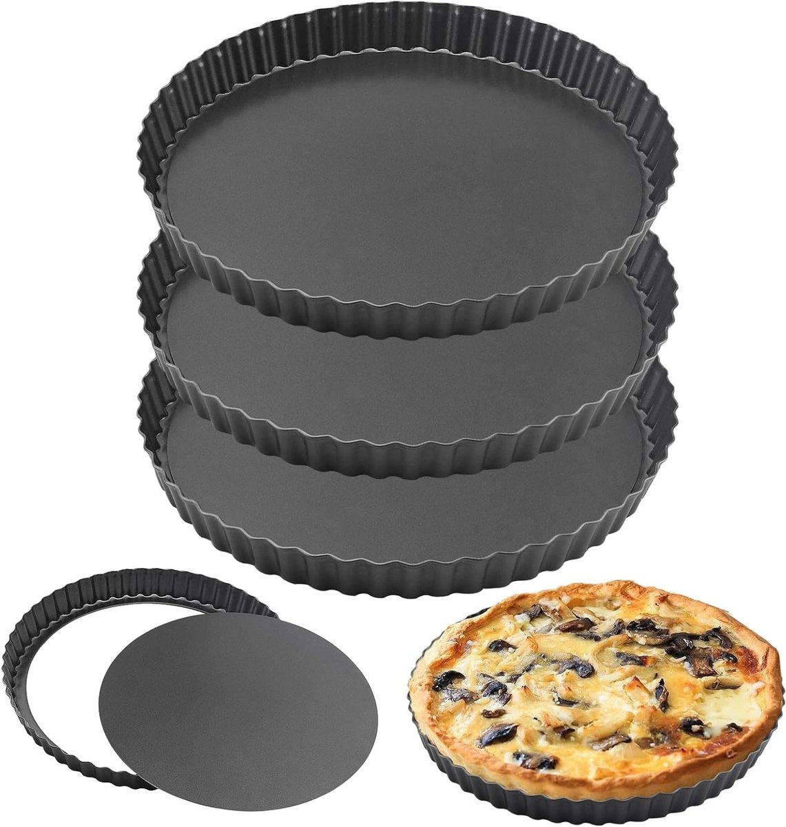 3-Pack Quichevorm met Losse Bodem 25cm Antiaanbaklaag voor Taarten en Flan