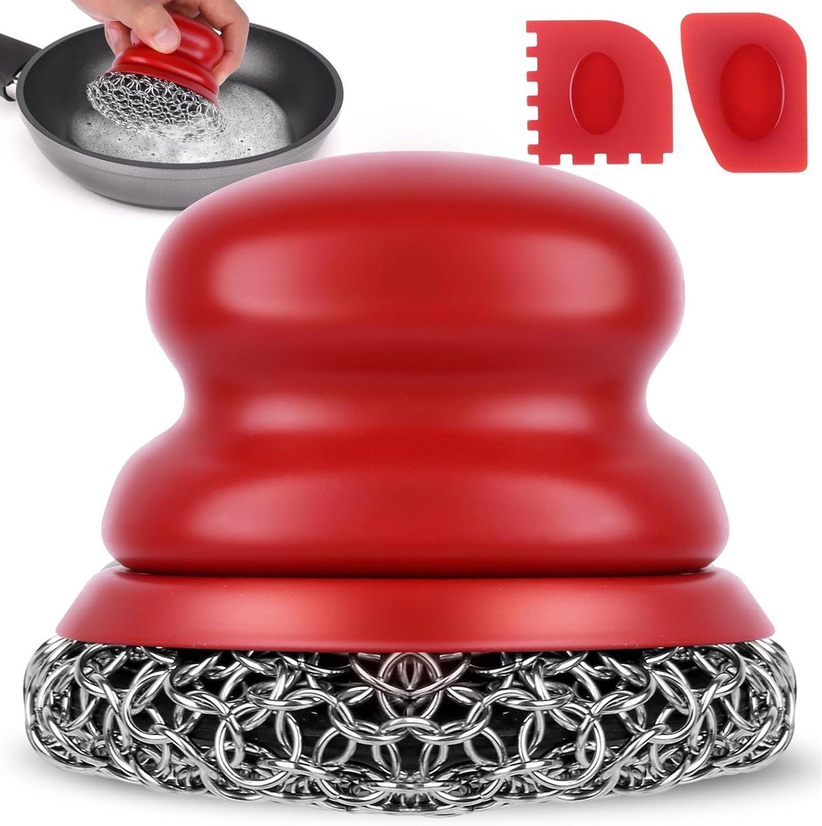Gietijzeren Schrobber - Kettingpostreiniger Schraper - Keuken Reinigen - Roestvrijstalen Ringen - 1 Stuk - Rood