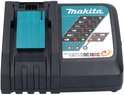 Zwarte Makita DC18RC lader met turquoise laadmechanisme en LED-indicatoren.