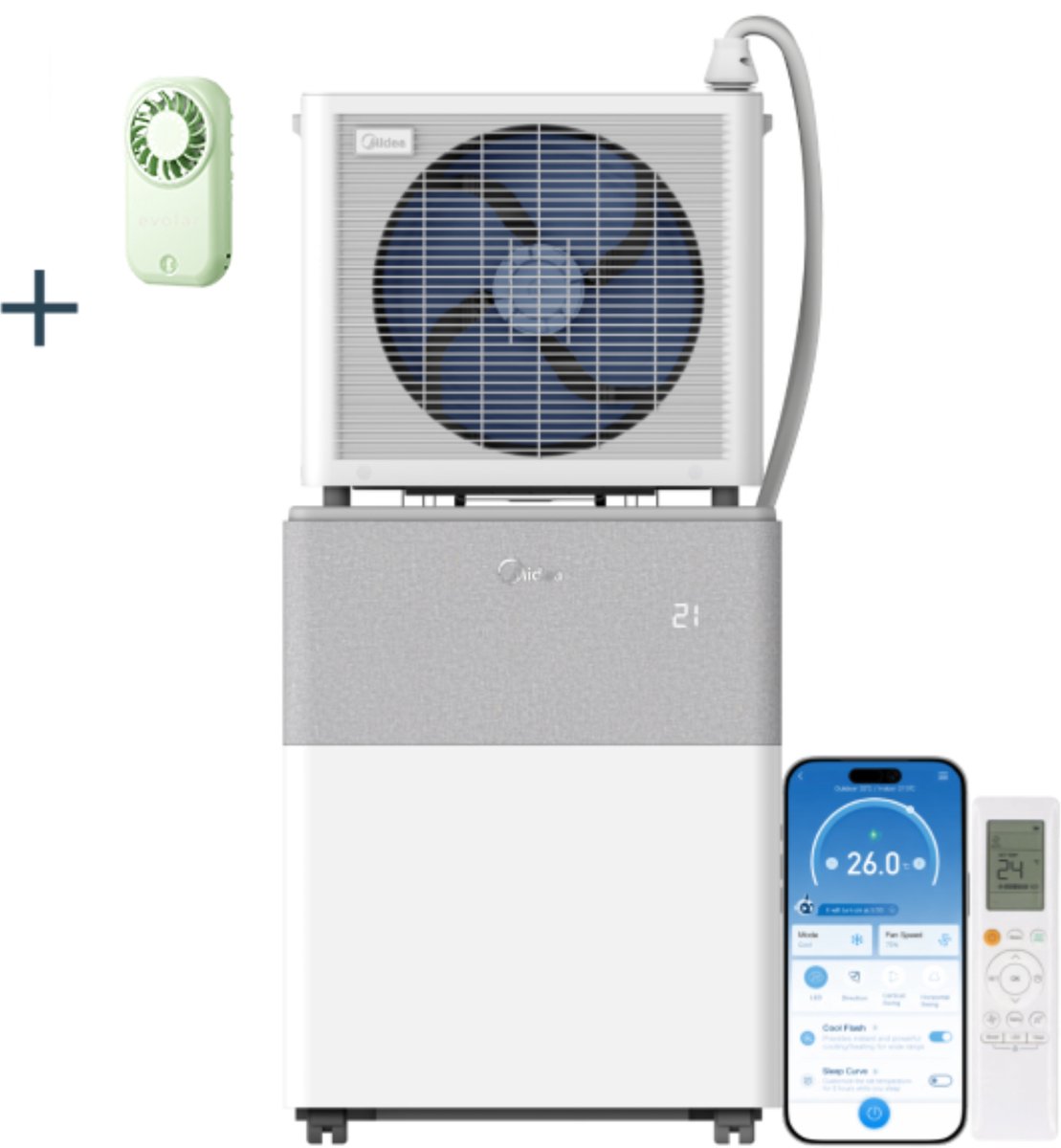 Midea PortaSplit Mobiele Split Airco - 12.000 BTU - Incl. Evolar Oplaadbare Handventilator - Koelen & Verwarmen - Met Wifi