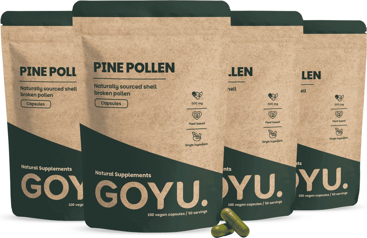 GOYU Pine pollen 500mg Combideal 4x 80 Capsules - Dennenpollen – Testosterone - Celwand Gebroken - Vegan - Zonder toevoegingen - Lab getest - 50 dagen voorraad per zakje -