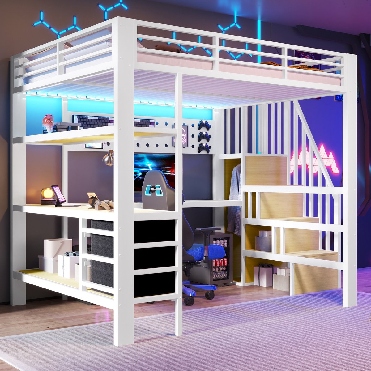 FloraGrace Hoogslaper 140x200 cm - Met Bureau en Led - Laden en Opbergruimte - Metaal en MDF - Wit - Zonder Matras