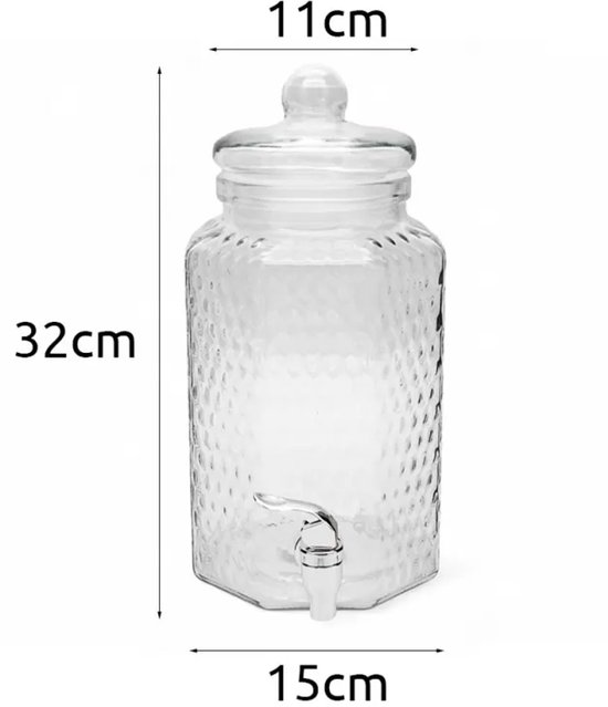 Glazen drankdispenser met honingraatstructuur en zilverkleurig kraantje, met afmetingen 32x15x11cm.