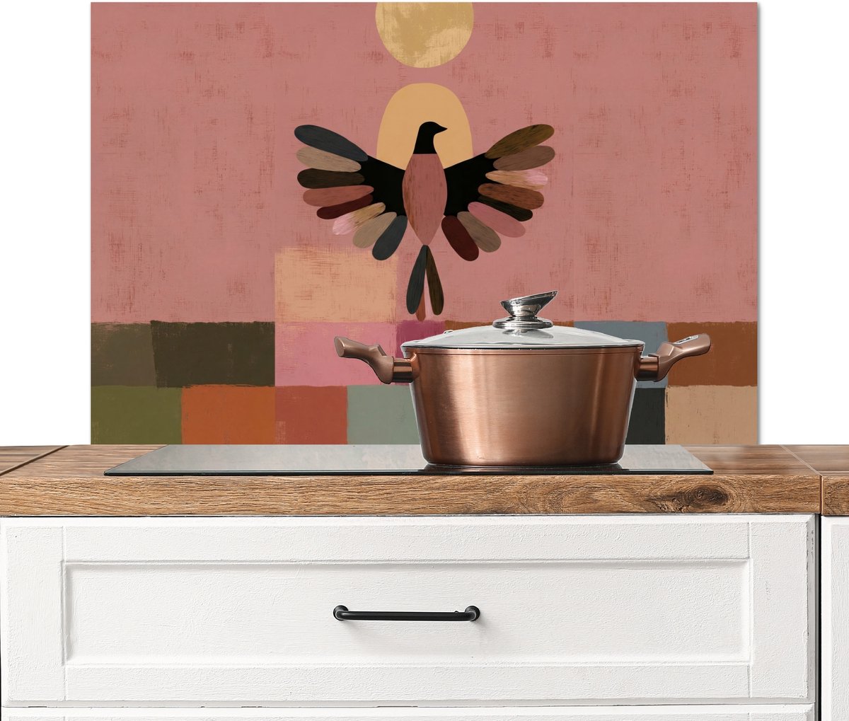 KitchenYeah Spatscherm keuken 90x60 cm Kookplaat achterwand Illustratie Vogel Vlakken Kleurrijk Muurbeschermer Spatwand fornuis Hoogwaardig aluminium