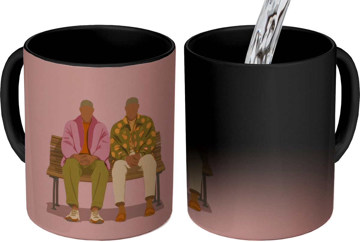 Magische Mok - Foto op Warmte Mokken - Koffiemok - Illustratie - Bankje - Personen - Minimalistisch - Magic Mok - Beker - 350 ML - Theemok