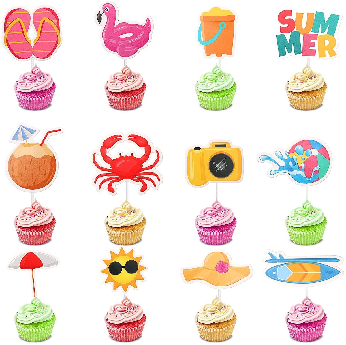 Dailygoods - Dailygoody - Strandcupcake-toppers - Tropische taartdecoratie - Meerkleurig - Zomerfeesten - Exotische taarttoppers - Perfect voor bruiloften en verja...