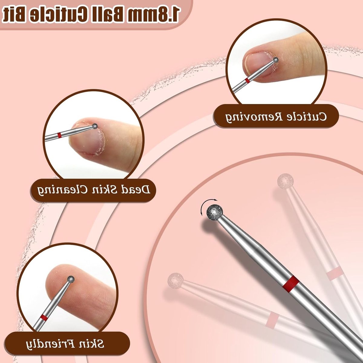 Professionele 1.8mm balvormige nageldroger voor het reinigen van nagelriemen, dode huid en manicure/pedicure voorbereiding