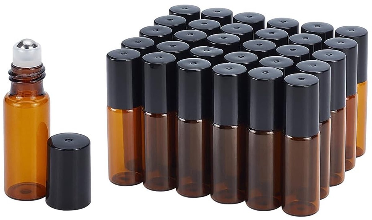 Dailygoods - Dailygoody - Amberkleurige Glazen Flessen - Essentiële Oliën - Herbruikbaar - 30 Stuks - 5 ml - Roestvrijstalen Rolballen - Voor Doe-Het-Zelvers