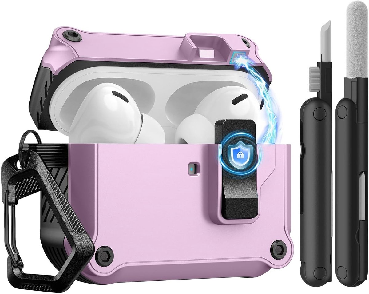 Beschermende Hard Case voor AirPods Pro 3 (2025) met Veiligheidsclip, Automatische Pop-up en Schoonmaakset - Paars en Zwart, Ideaal voor Reizen en Sportgebruik