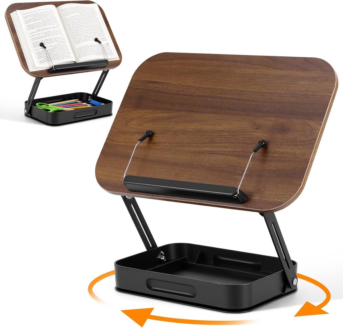 Houten Boekstand voor Lezen - 360 Graden Draaibaar, Hoogte Verstelbaar en Vouwbaar - Ideaal voor Kookboeken, Tablets en Presentaties