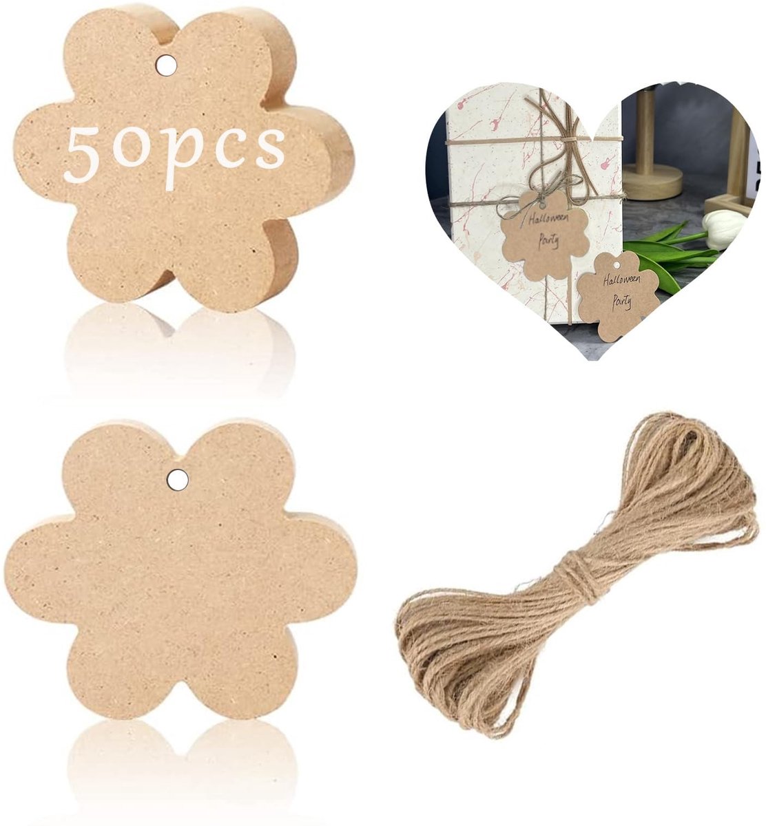 Dailygoods - Dailygoody - Kraftpapieren Hangers - Cadeaulabels - Eenvoudig Te Gebruiken - 6 cm - Jute Koord - Perfect Voor Geschenkverpakkingen - 50 Stuks