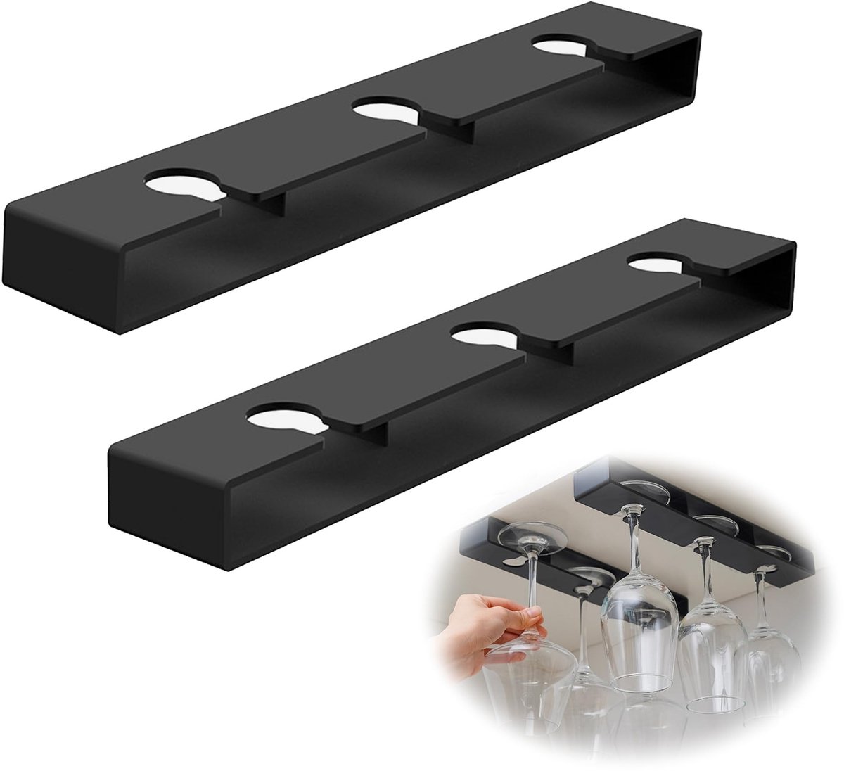 Dailygoods - Dailygoody - Hangende bekerhouder - Wijnglashouder - Ruimtebesparend - Zwart - Glashouder zonder boren - Geschikt voor keuken, bar en restaurant - 2 s