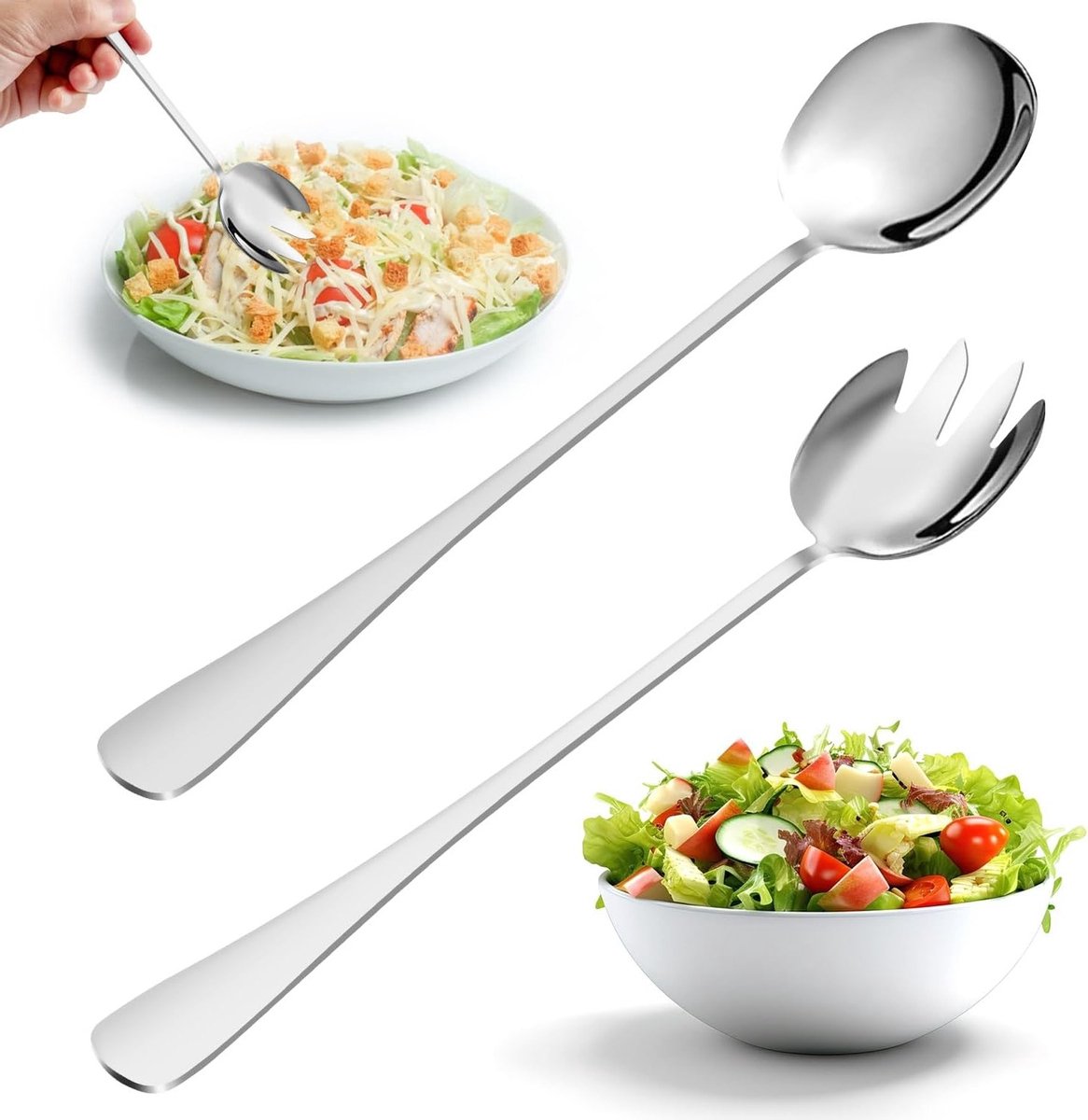 Grote RVS Serving Spoon en Salade Vorken Set met Lange Handvatten voor Keuken en Eetkamer - Ideaal voor Salades, Soepen en Diner