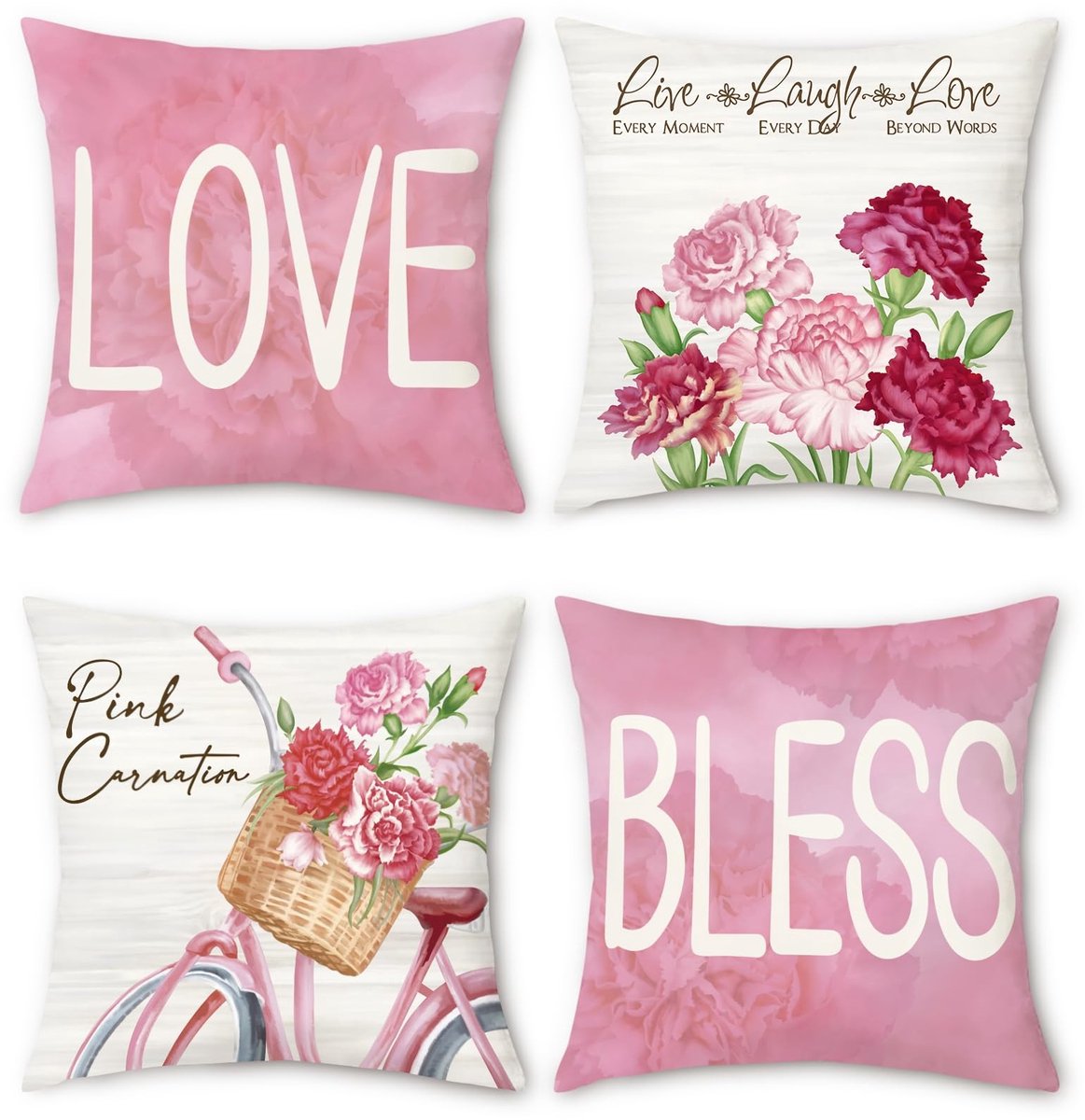 Dailygoods - Dailygoody - Roze bloemen kussenslopen - Sierkussens - Set van 4 - 45 x 45 cm - Anjer bloemen - Decoratieve kussens voor bank en slaapkamer