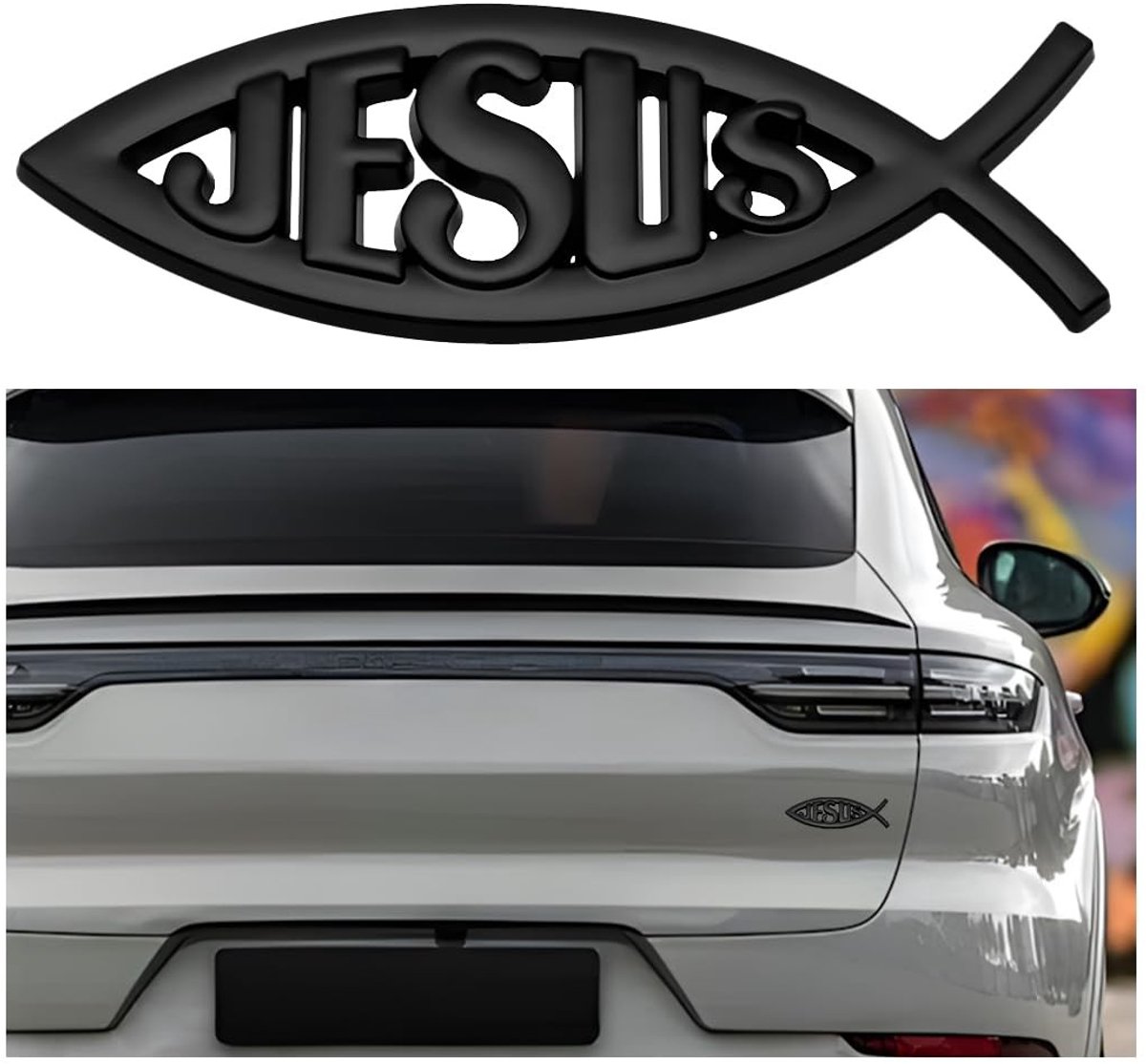 Dailygoods - Dailygoody - Jezus Vissticker - Christelijk Kruis Embleem - Metalen Look Sticker - Zwart - Universele Autodecoratie - Voor SUV en Auto - 10 x 3,3 cm