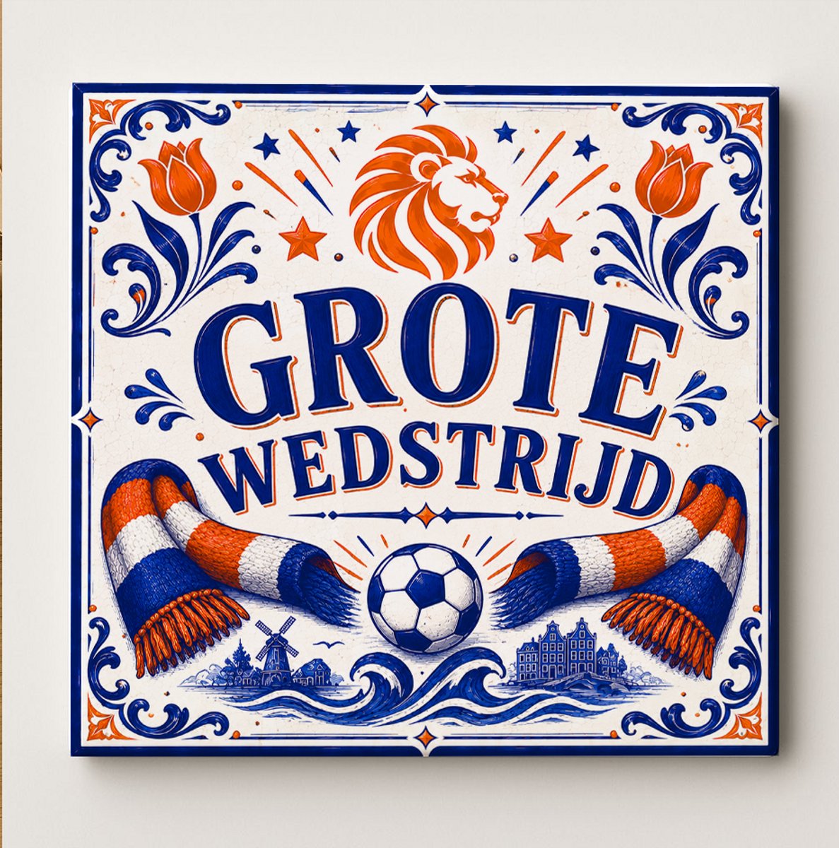Nederland Grote Wedstrijd Decoratieve Keramische Tegel – Nederlandse Leeuw Voetbal Sjaal Design – Oranje Blauw Voetbal Wanddecoratie Tegel – Vaderlands Woondecoratie Cadeau