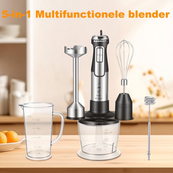 Svintora - Staafmixer Set 5-in-1 -1600W Handblender -Incl.Hakmolen, garde, melkopschuimer & Maatbeker - 6 Snelheden - RVS van Svintora — afbeelding 5