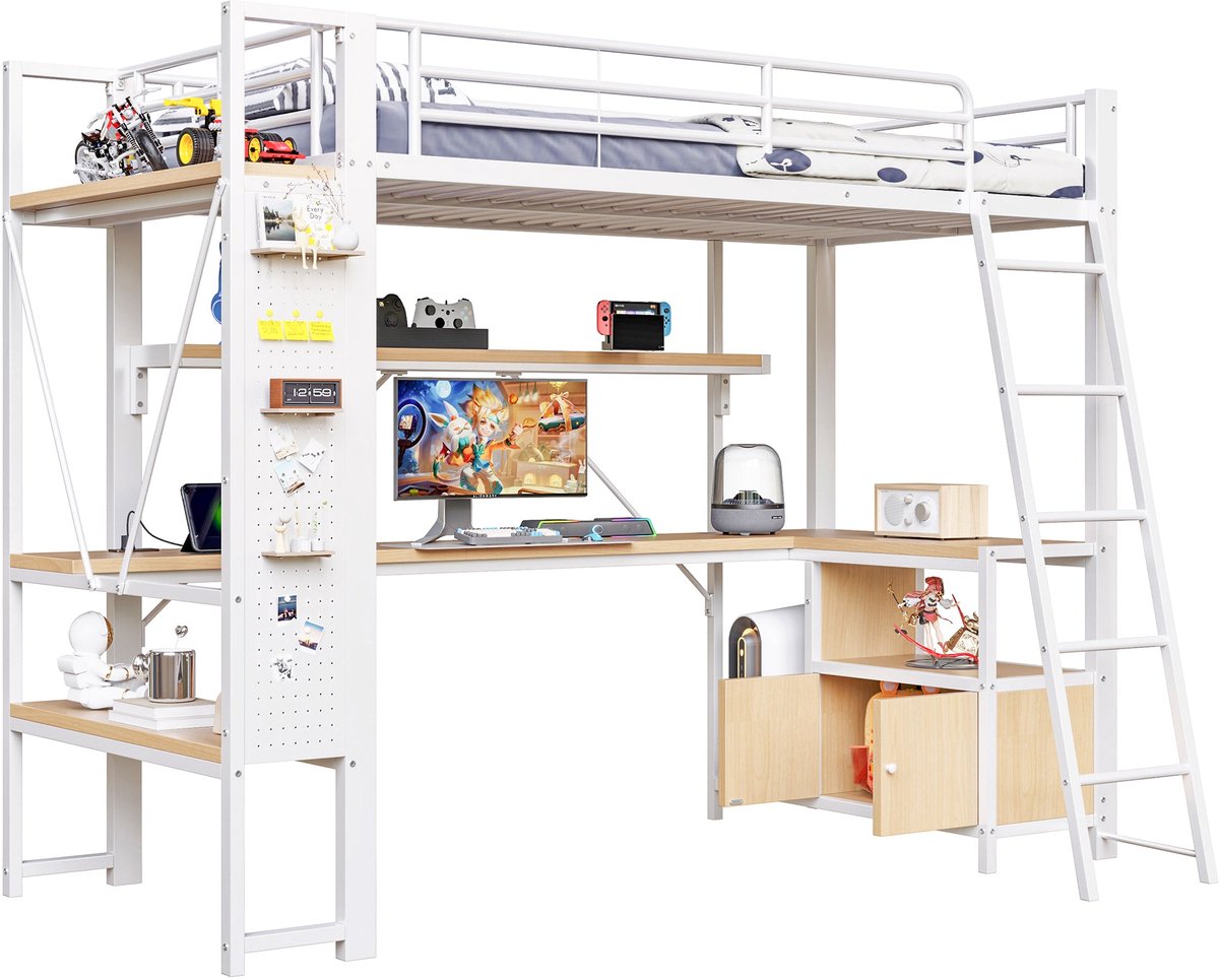 Merax Hoogslaper 90x200 voor Kinderen - Metalen Bed met Bureau - LED Verlichting met Afstandsbediening - USB - Opbergrekken en Werkplek - Wit
