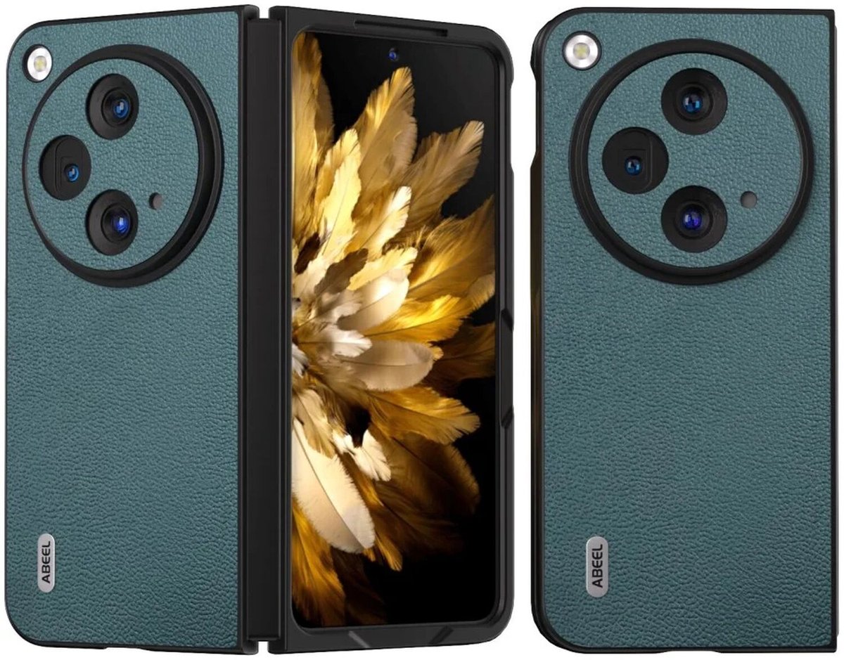 ABEEL Hoesje Geschikt voor OnePlus Open - Back Cover met Litchi Textuur - Echt Leer Case - Groen