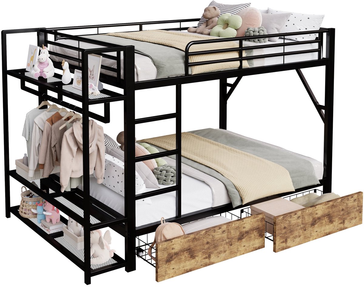 Merax Stapelbed voor Kinderen 140x200 - Metalen Bed - Bed met Opbergruimte - 2 Schubladen 