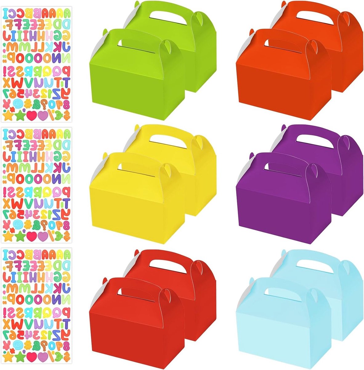 Kleurige lege cadeauboxen set van 12 met 3 letterstickers, 16 x 9 x 8.5 cm, kartonnen cakeboxen voor kinderen, verjaardagen, bruiloften en babyshowers